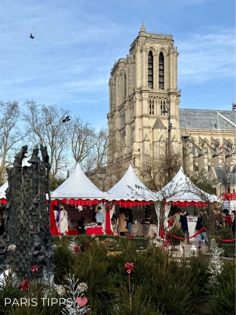 Weihnachtsmarkt in Paris mit Notre Dame im Hintergrund. 