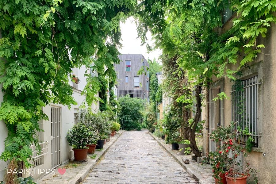 Eine ruhige, grüne Gasse in Paris mit Kopfsteinpflaster und üppig bewachsenen Häuserfassaden. Pflanzen, Bäume und hängende Ranken schaffen eine fast versteckte, idyllische Atmosphäre fernab vom Trubel der Stadt. Kleine Wohnhäuser mit Fensterläden und Blumentöpfen säumen den Weg. Diese charmante Straße zeigt eine besonders ruhige und familienfreundliche Seite von Paris.