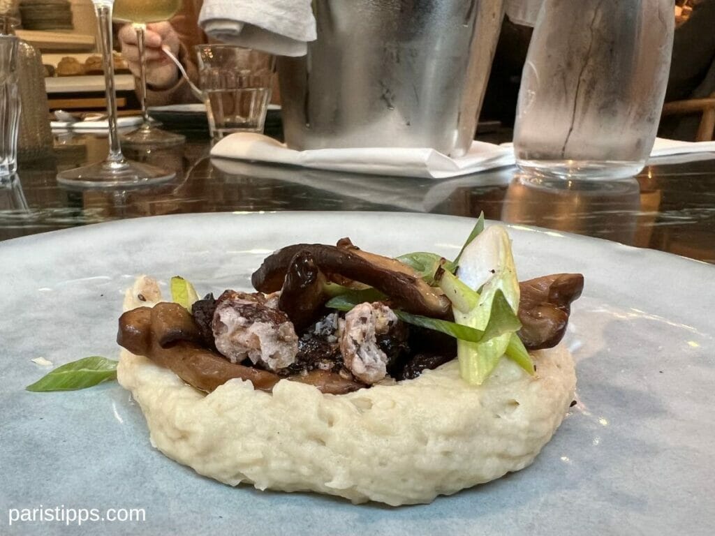 Paris Restaurant für jedes Budget - da ist das Colorova einen gute Wahl. Auf dem Bild siehst du ein Gericht mit Pürree und Pilzen. 