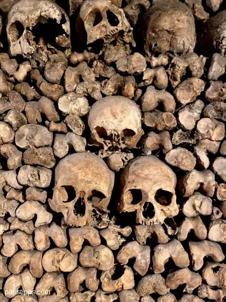 Ein Stapel menschlicher Schädel und Knochen in den Katakomben von Paris, beleuchtet, um die Struktur und das Alter der Überreste hervorzuheben. Die Szene vermittelt eine eindringliche Atmosphäre und spiegelt die historische Bedeutung dieses unterirdischen Ortes wider.