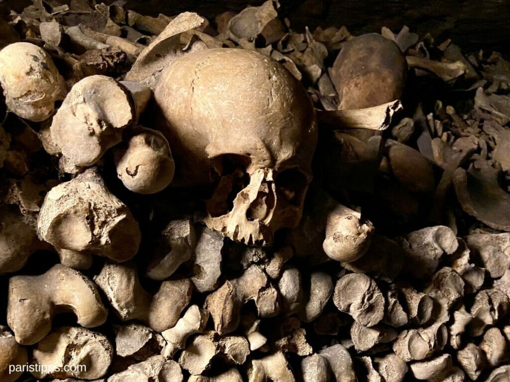 Ein Stapel menschlicher Schädel und Knochen in den Katakomben von Paris, beleuchtet, um die Struktur und das Alter der Überreste hervorzuheben. Die Szene vermittelt eine eindringliche Atmosphäre und spiegelt die historische Bedeutung dieses unterirdischen Ortes wider.