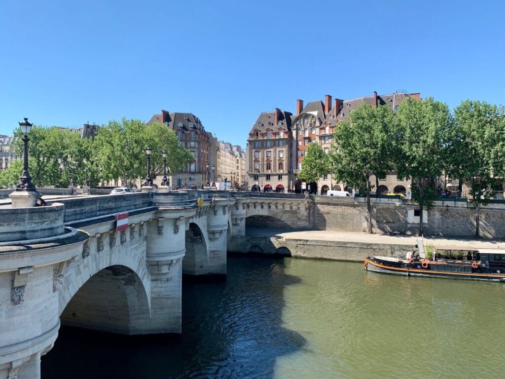 Pont neuf mit blauem Himmel und Häusern und Bäumen im Hintergrund
