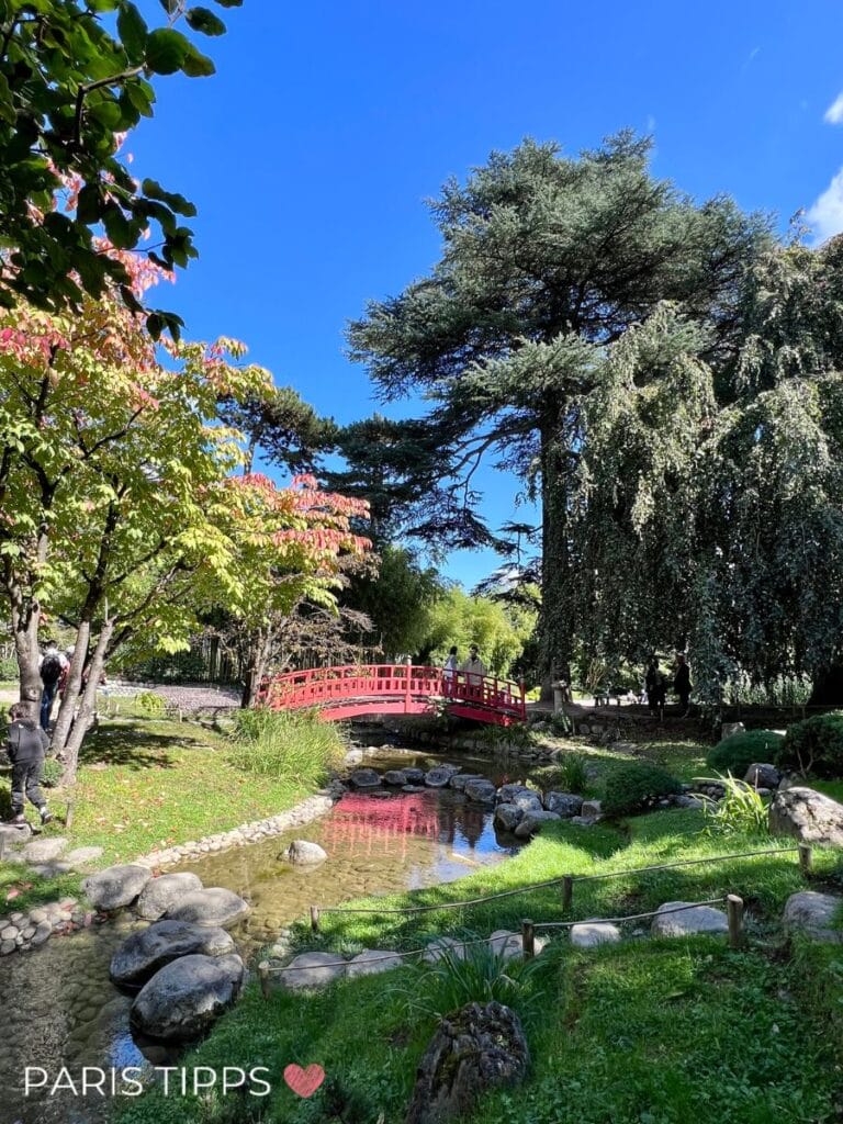 Albert Kahn Paris: Ein idyllischer Blick auf den japanischen Garten im Albert-Kahn-Museum: eine rote Brücke, die über einen klaren Bach führt, umgeben von saftigem Grün, blühenden Bäumen und einem strahlend blauen Himmel.