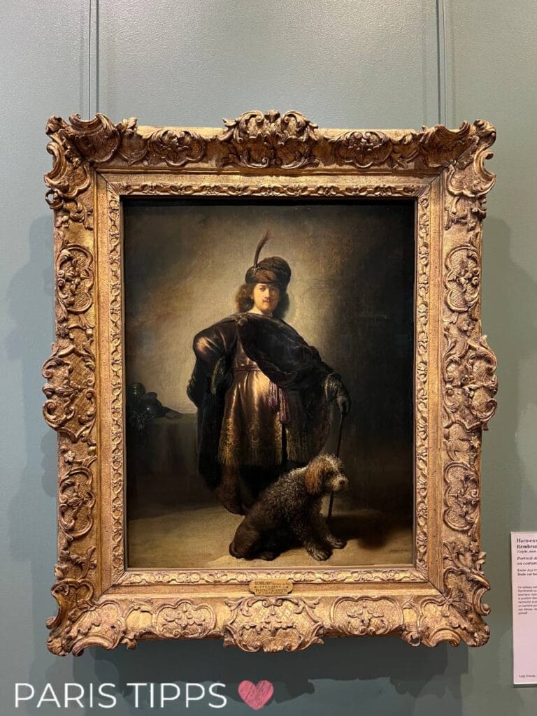 Gemälde im Petit Palais in Paris, das ein Porträt von Rembrandt zeigt. Es zeigt einen elegant gekleideten Mann mit Hut und Feder, der einen Stock hält, begleitet von einem Hund. Das Kunstwerk ist in einem kunstvoll verzierten goldenen Rahmen eingefasst.