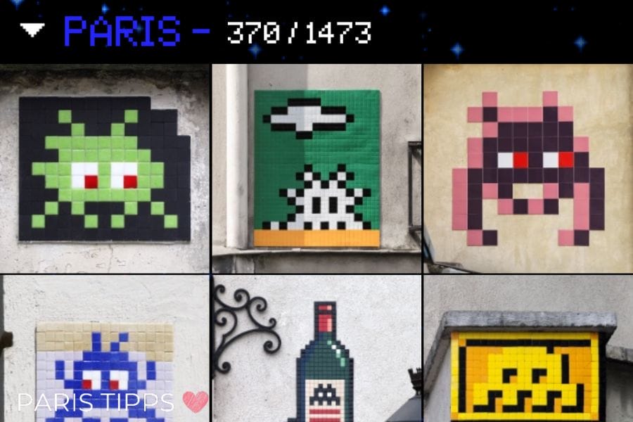 Space invader in Paris. Collage mit 6 Space INvadern